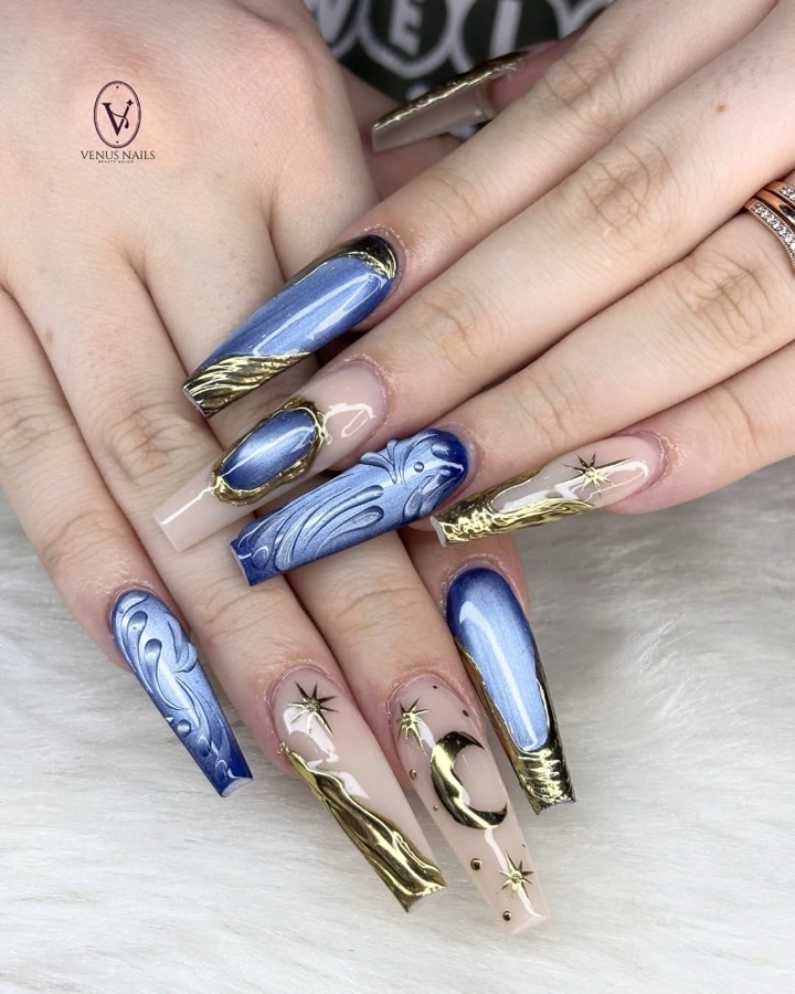 Celestial blue and gold nail art - Luxury manicure at Venus Columbia